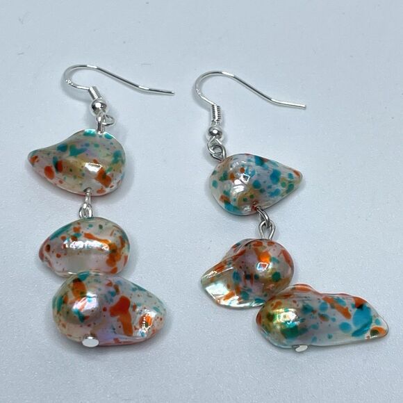 Artisan Confetti Blue Orange Baroque Pearl Beaded Dangle Earrings Silver Plated - Picture 4 of 6